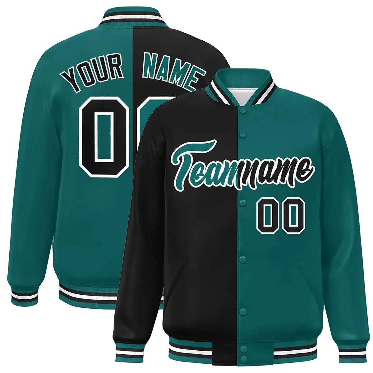 Aqua Black-White Two Tone Split Varsity Full-Snap Jacket