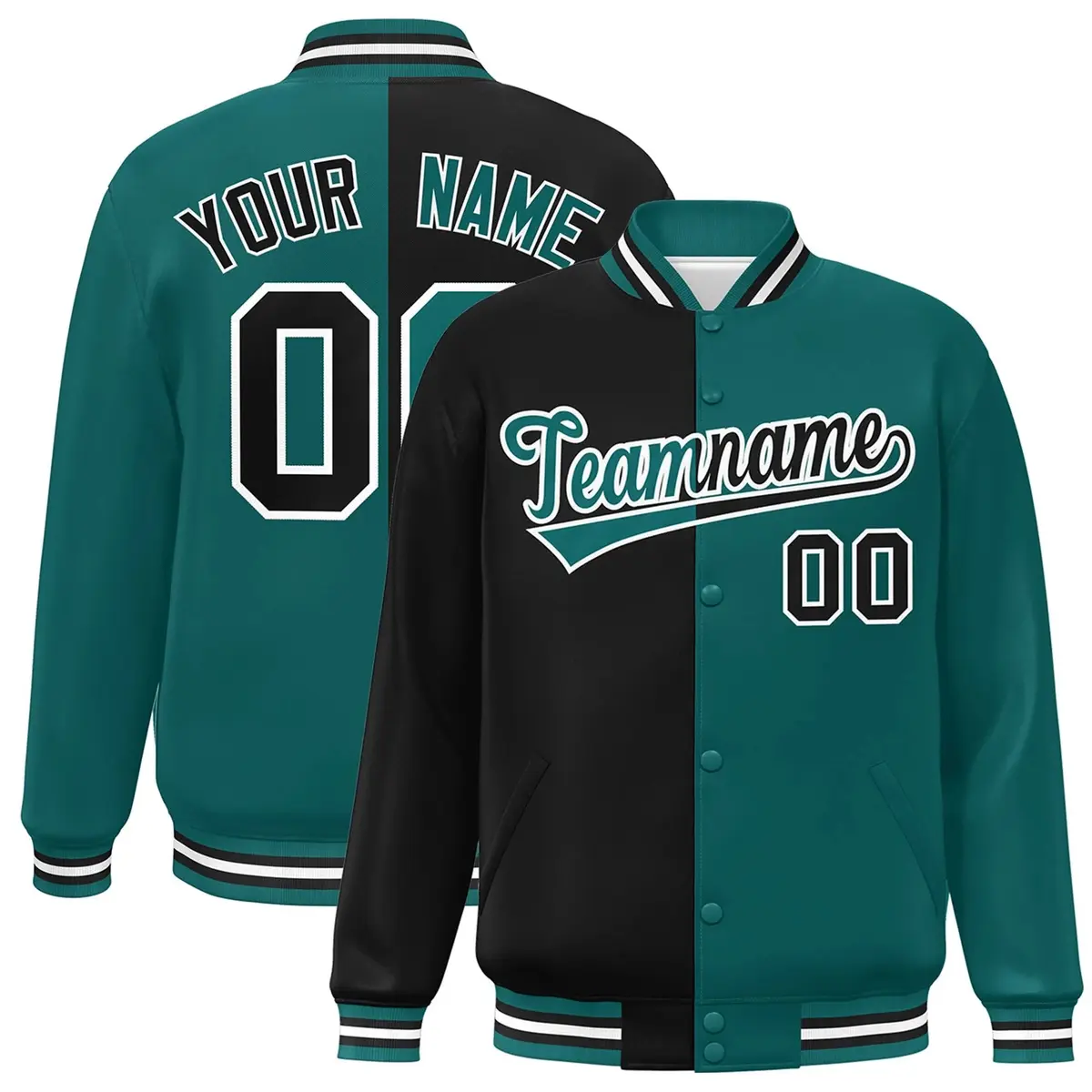 Aqua Black-White Two Tone Split Varsity Full-Snap Jacket