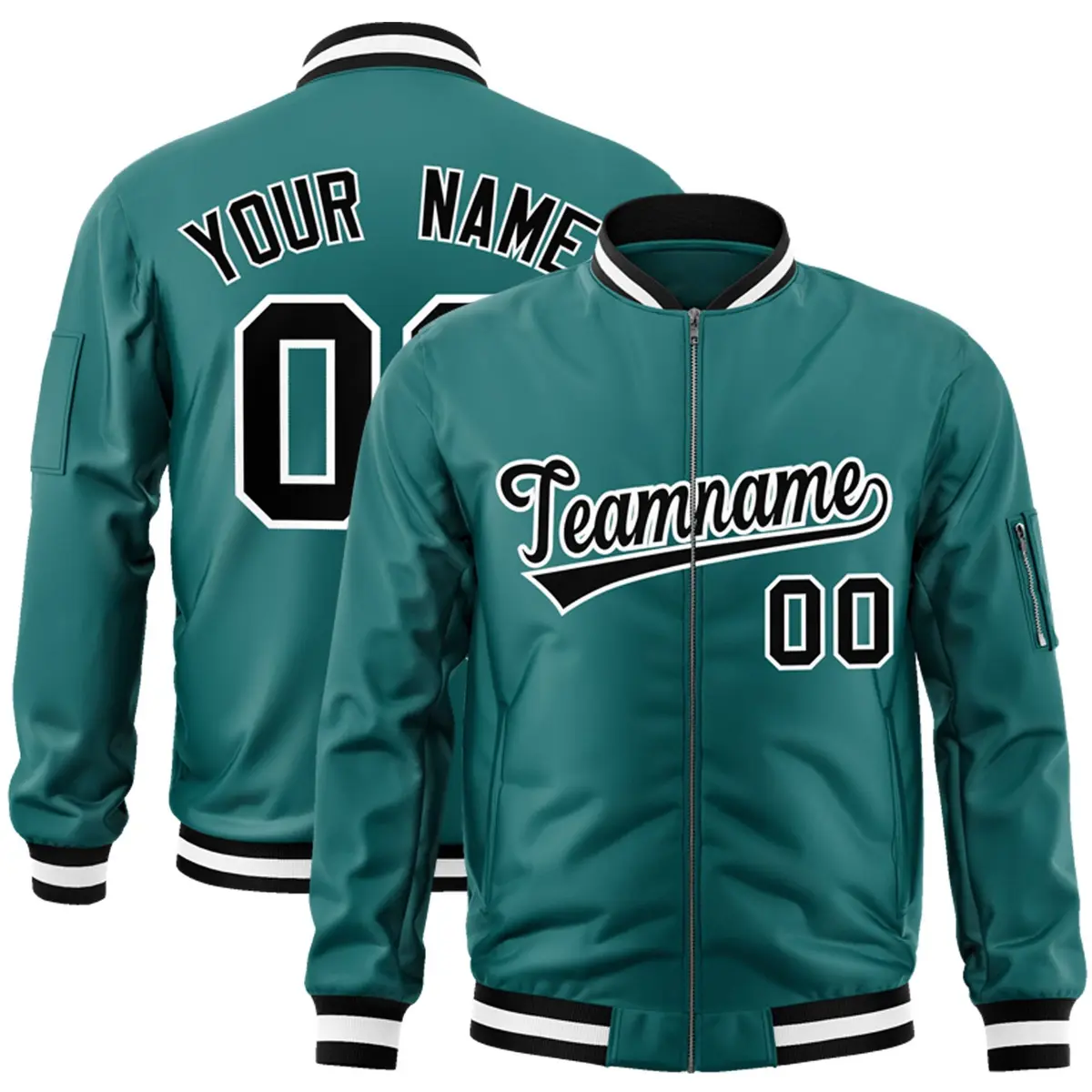 Aqua Black-White Varsity Full-Zip Letterman Bomber Jacket