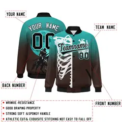Aqua Brown Black Halloween Skeleton Varsity Jacket Stretch Fabric 2