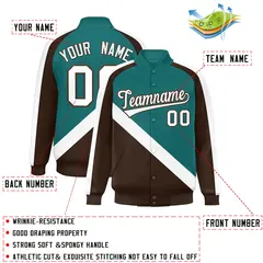 Aqua Brown Raglan Varsity Full-Snap Letterman Baseball Jacket 2