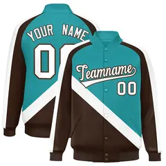 Aqua Brown Raglan Varsity Full-Snap Letterman Baseball Jacket 1