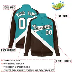 Aqua Brown Raglan Varsity Full-Snap Letterman Baseball Jacket 2