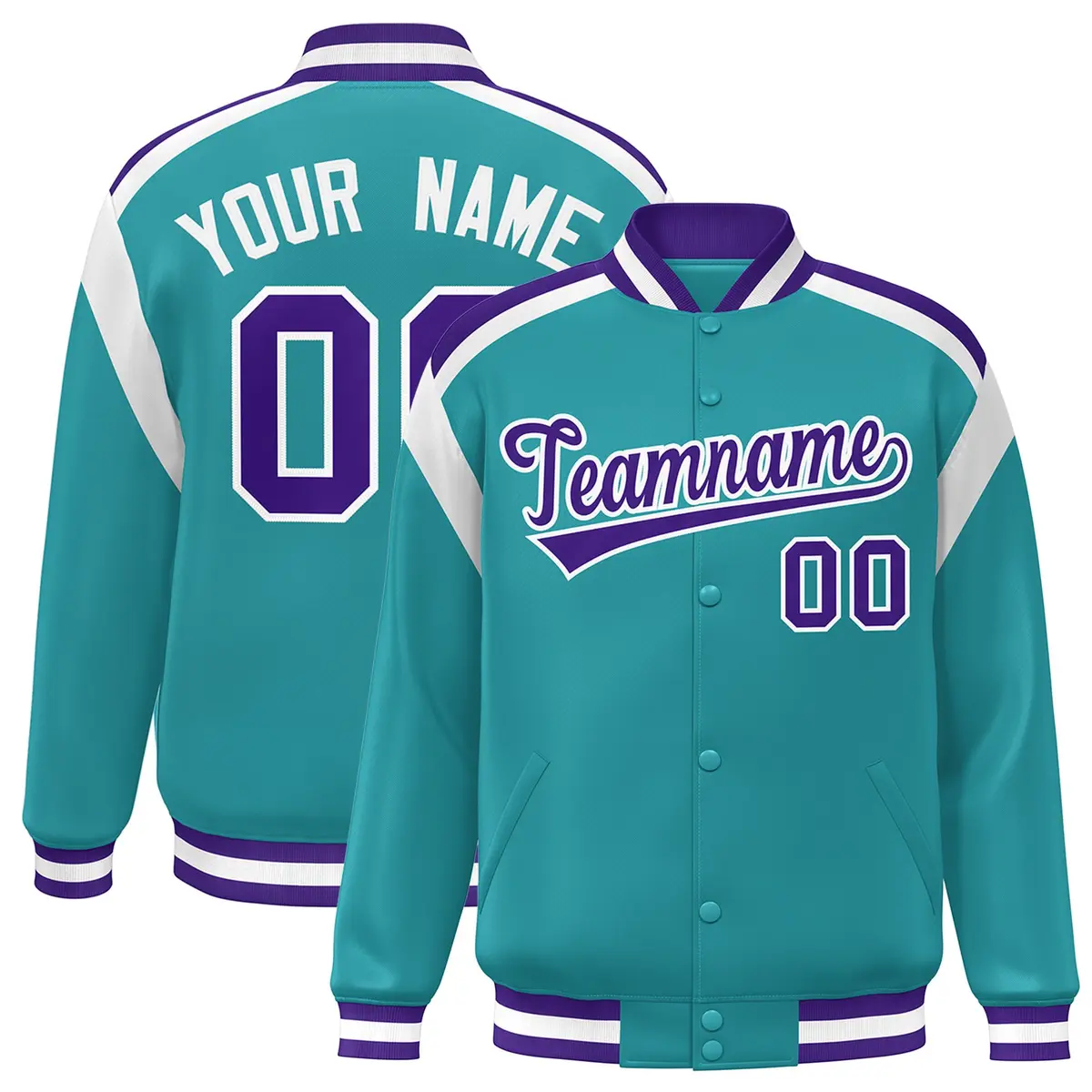 Aqua Color Block Varsity Full-Snap Letterman Jacket