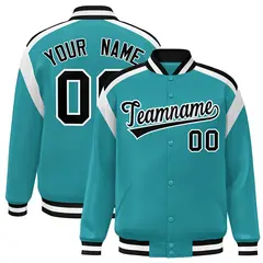 Aqua Color Block Varsity Full-Snap Letterman Jacket