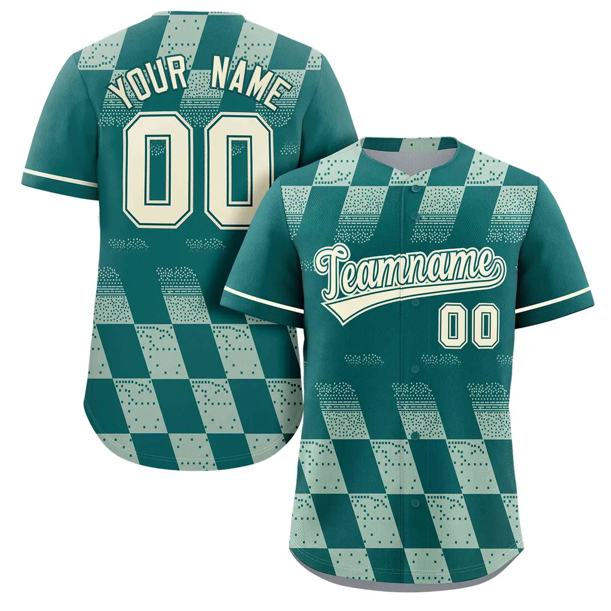 Aqua Cream Grid Speckles Color Block Baseball Jersey