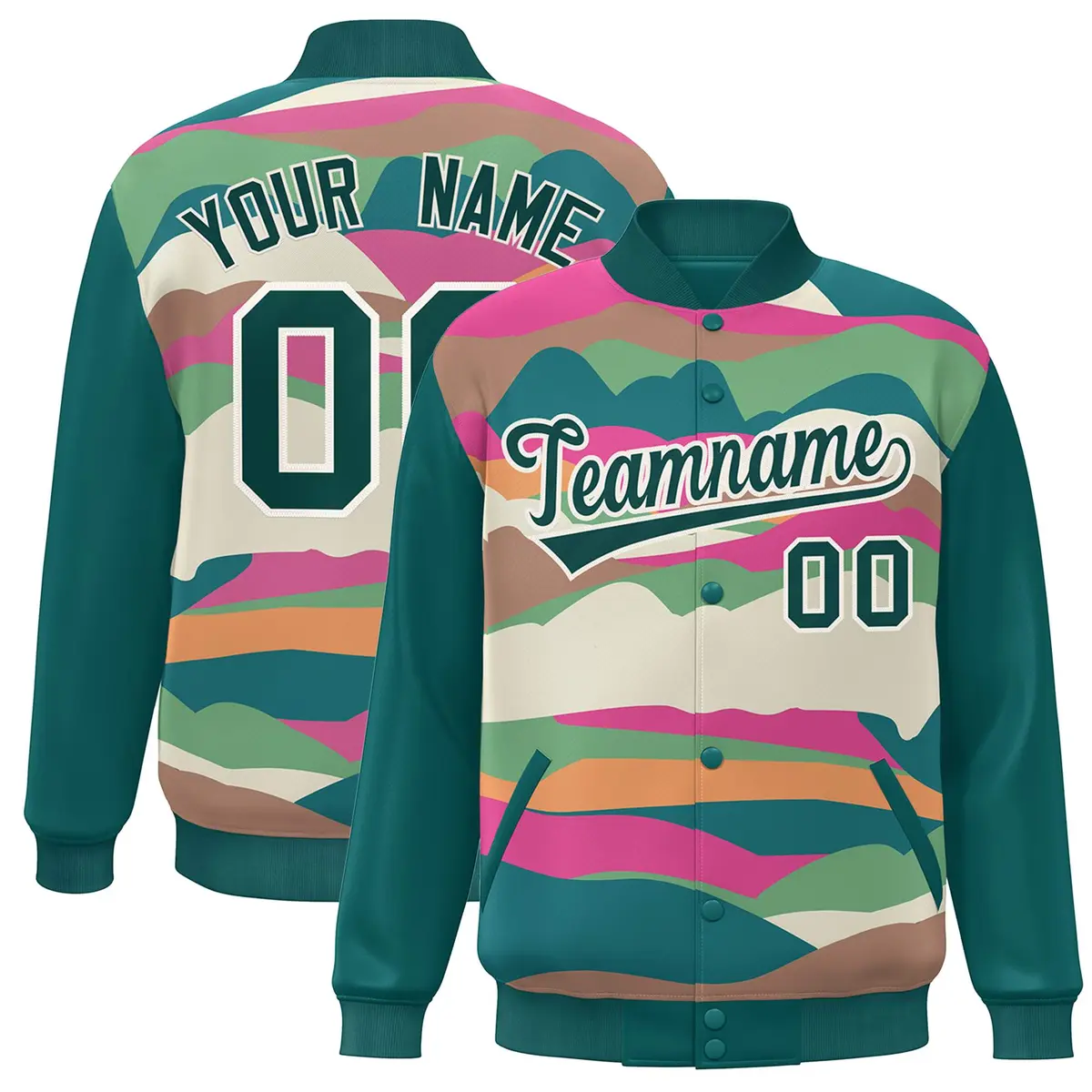 Aqua Cream Multi Clouds Graffiti Varsity Full-Snap Jacket