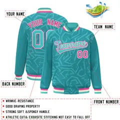 Aqua Cream-Pink Stripe Graffiti Pattern Varsity Full-Snap Jacket 2
