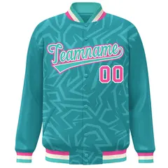 Aqua Cream-Pink Stripe Graffiti Pattern Varsity Full-Snap Jacket 3