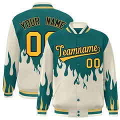 Aqua Cream-Yellow Flame Graffiti Bomber Varsity Full-Snap Jacket