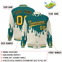 Aqua Cream-Yellow Flame Graffiti Bomber Varsity Full-Snap Jacket 2