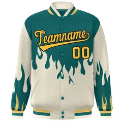 Aqua Cream-Yellow Flame Graffiti Bomber Varsity Full-Snap Jacket 3