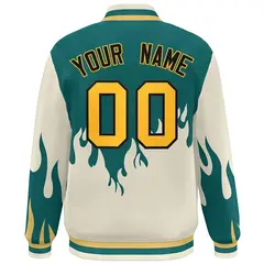 Aqua Cream-Yellow Flame Graffiti Bomber Varsity Full-Snap Jacket 4