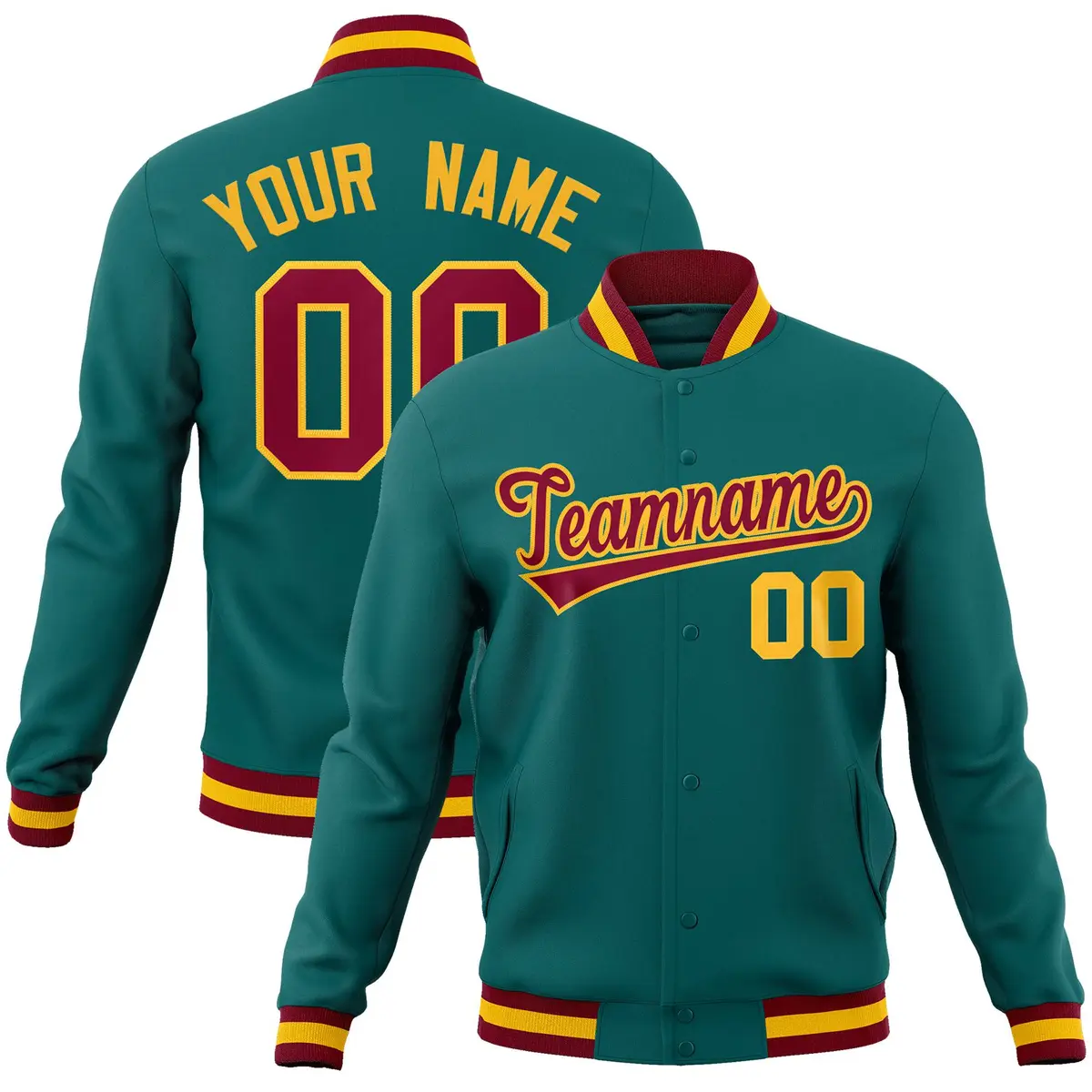 Aqua Crimson-Gold Classic Varsity Full-Snap Letterman Jacket