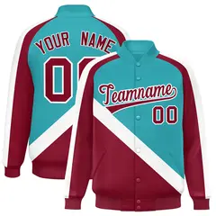 Aqua Crimson Raglan Varsity Full-Snap Letterman Baseball Jacket 1