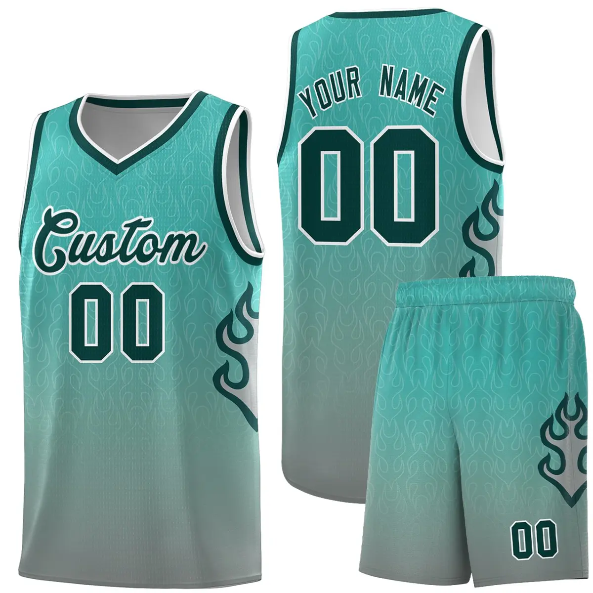 Aqua Dark Gray-Midnight Green Flame Gradient Basketball Jersey