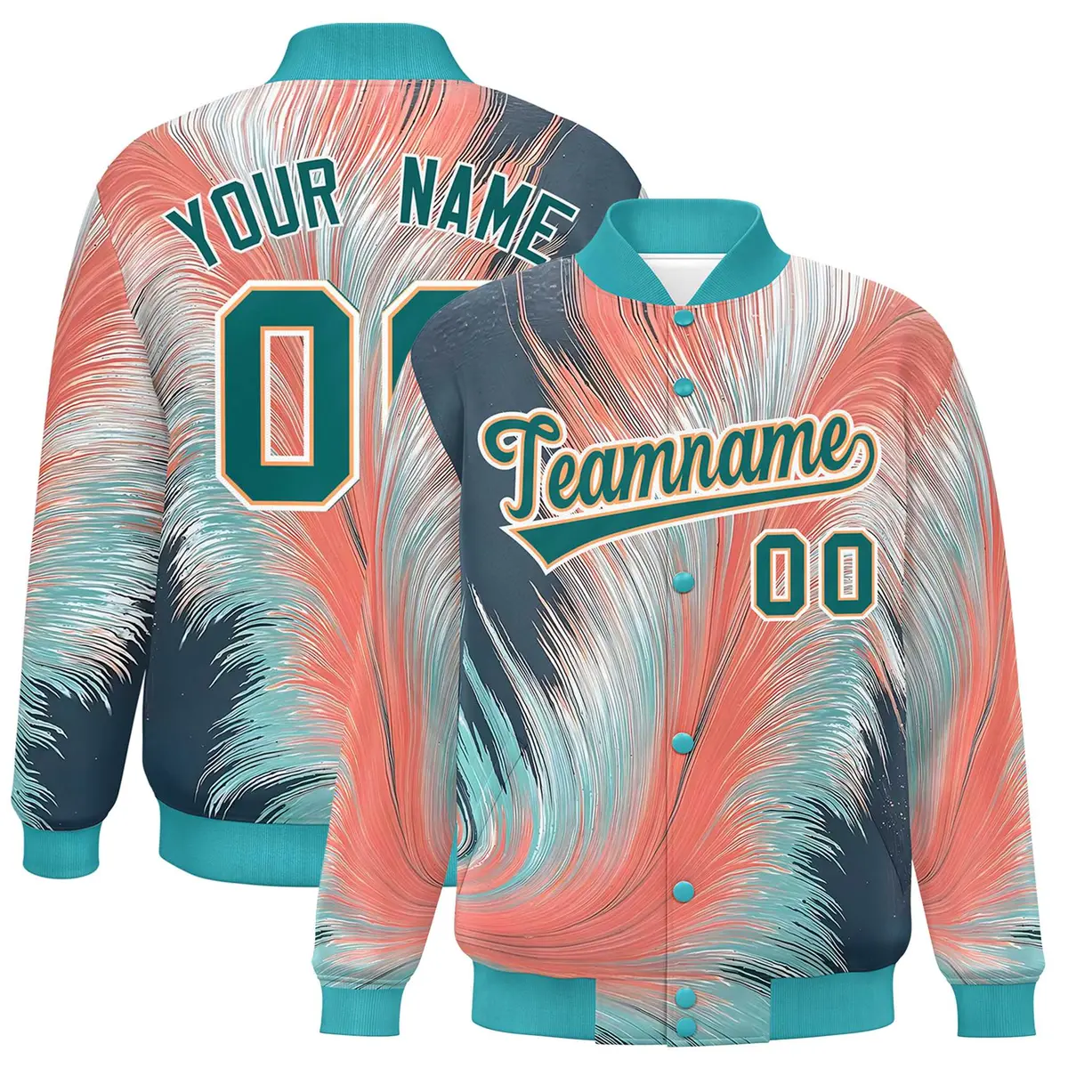 Aqua Feather Fluid Pattern Varsity Letterman Baseball Jacket