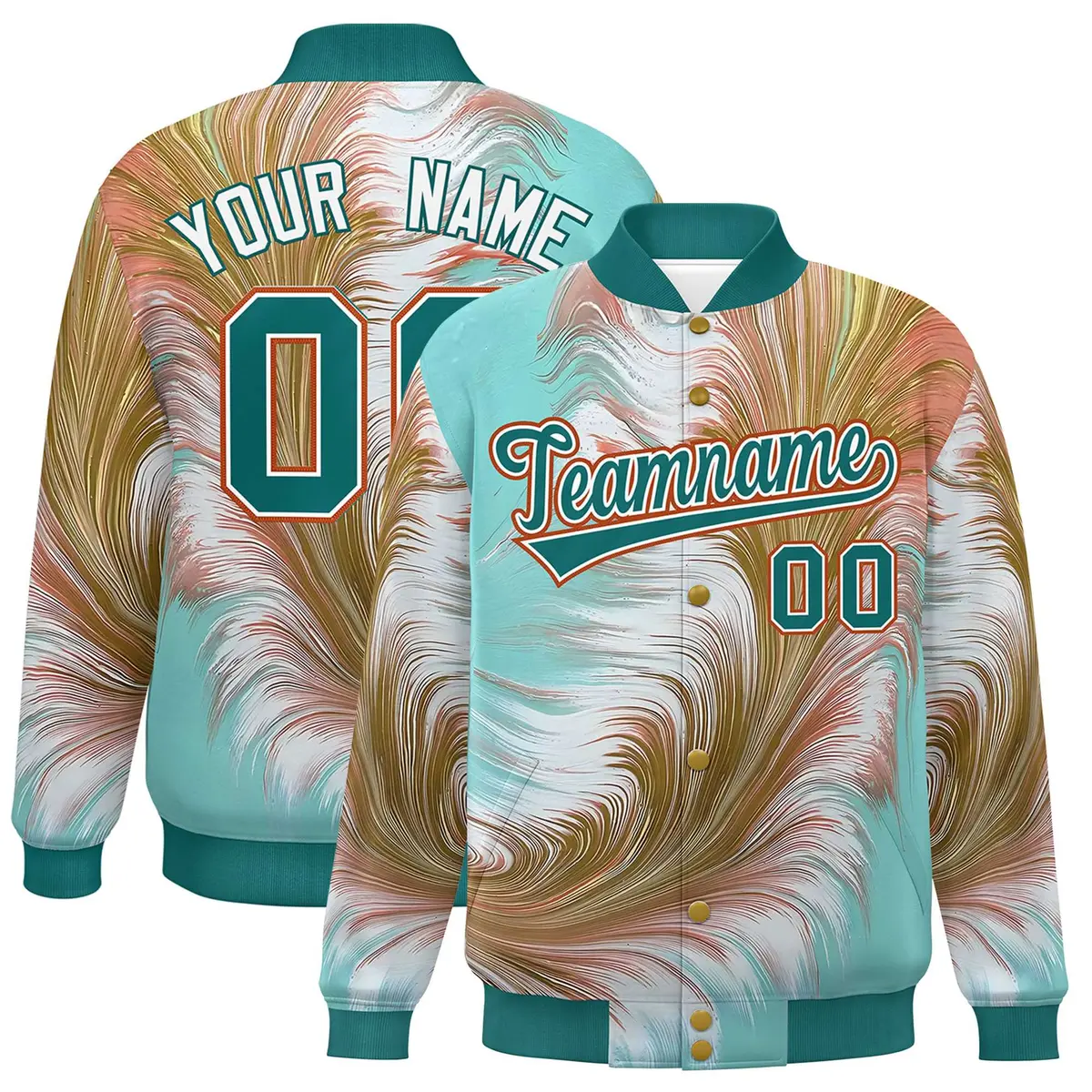 Aqua Feather Fluid Pattern Varsity Letterman Baseball Jacket