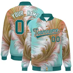 Aqua Feather Fluid Pattern Varsity Letterman Baseball Jacket 1