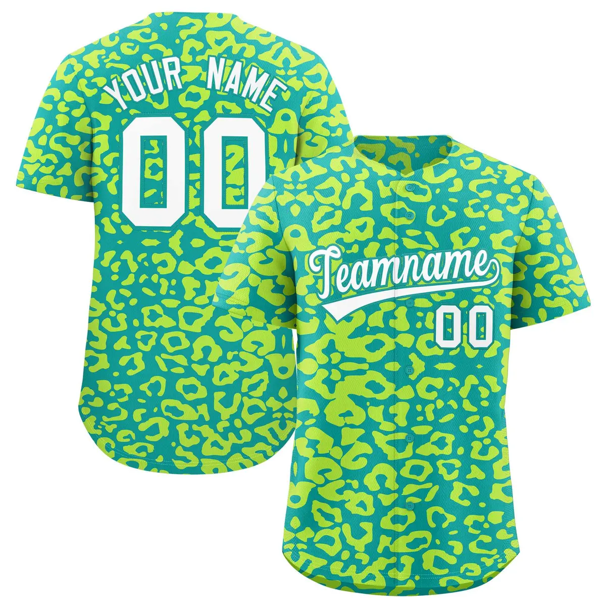 Aqua Fluorescent Green Leopard Print Baseball Jersey