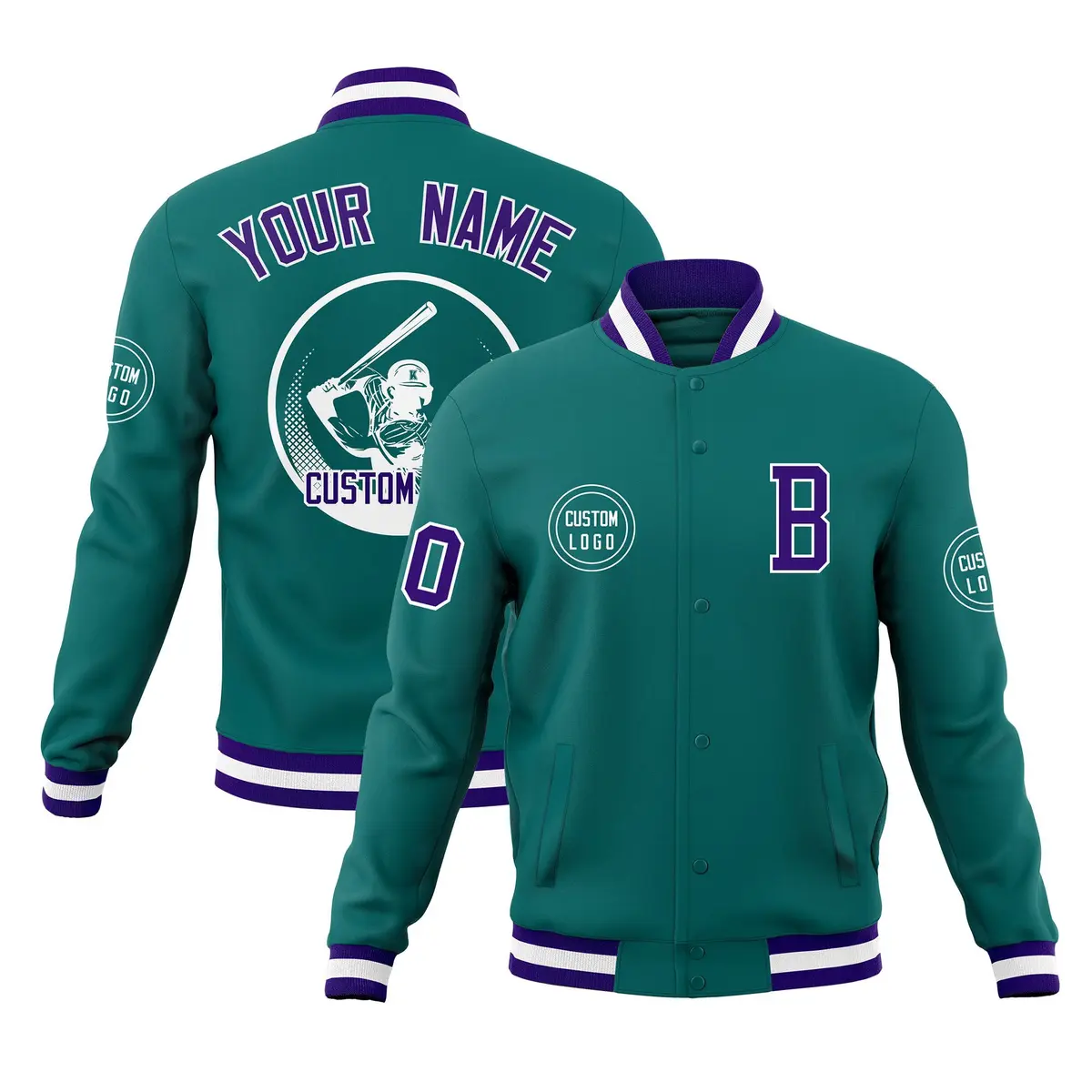 Aqua Full-Snap Varsity Letterman Baseball Jacket