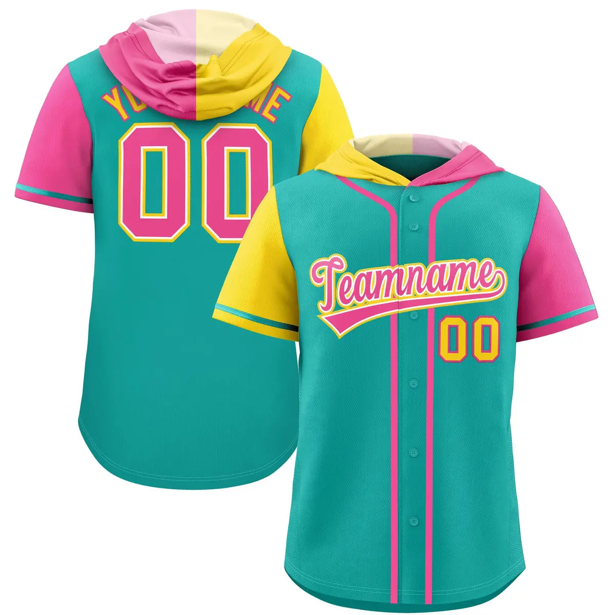 Aqua Gold and Pink Split Raglan Baseball Hoodie Jersey