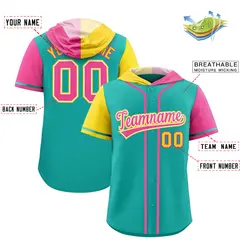 Aqua Gold and Pink Split Raglan Baseball Hoodie Jersey 2