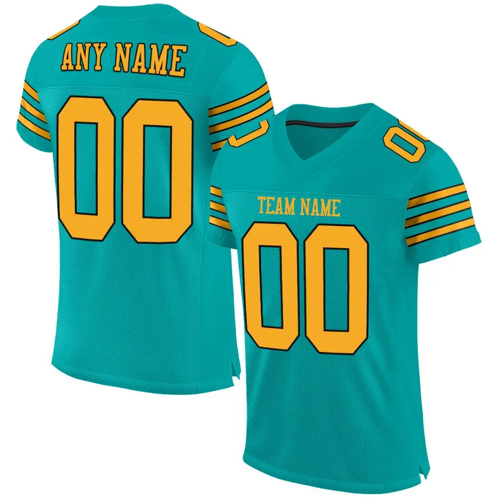 Aqua Gold-Black Classic Style Mesh Football Jersey