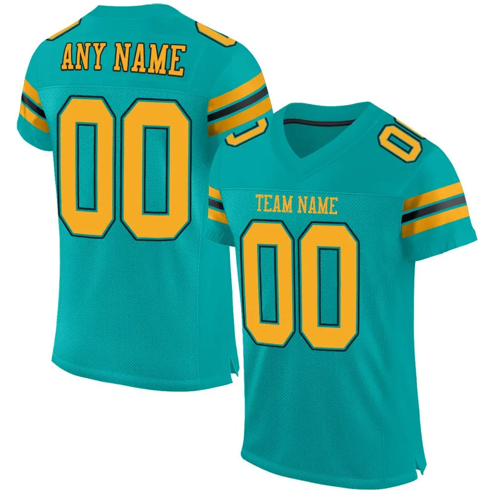 Aqua Gold-Black Classic Style Mesh Football Jersey