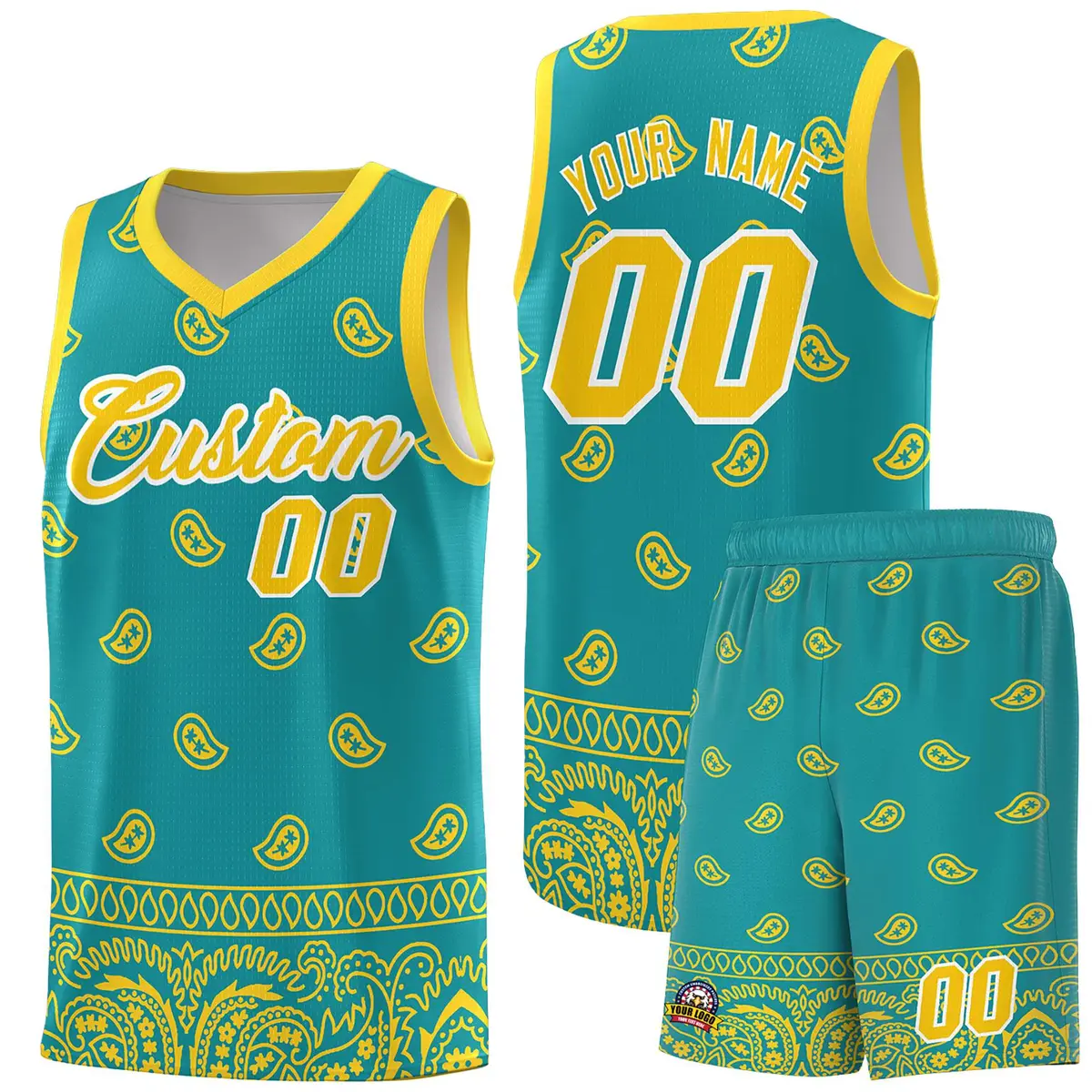 Aqua Gold Cashew Pattern Team Basketball Jersey