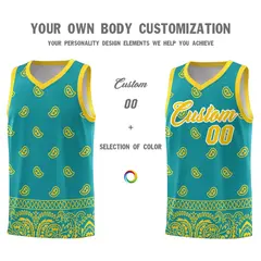 Aqua Gold Cashew Pattern Team Basketball Jersey 3