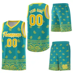 Aqua Gold Cashew Pattern Team Basketball Jersey 34