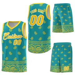 Aqua Gold Cashew Pattern Team Basketball Jersey 6