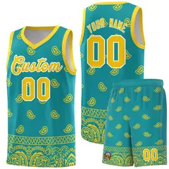 Aqua Gold Cashew Pattern Team Basketball Jersey 8
