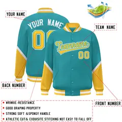 Aqua Gold Color Block Full-Snap Varsity Letterman Baseball Jacket 2