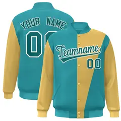 Aqua Gold Color Block Varsity Full-Snap Bomber Jacket