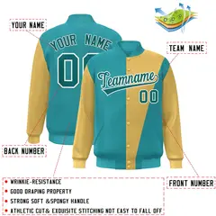 Aqua Gold Color Block Varsity Full-Snap Bomber Jacket 2