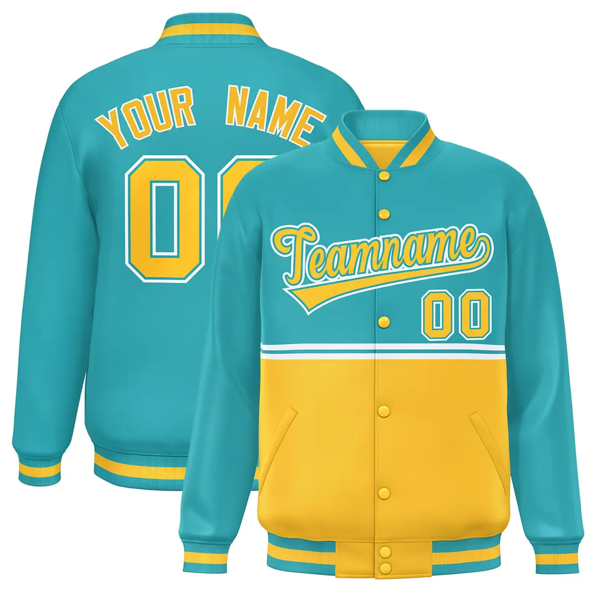 Aqua Gold Color Block Varsity Full-Snap Letterman Jacket