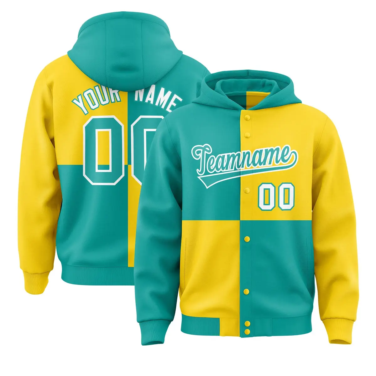 Aqua Gold Color Block Varsity Letterman Jacket Hoodie