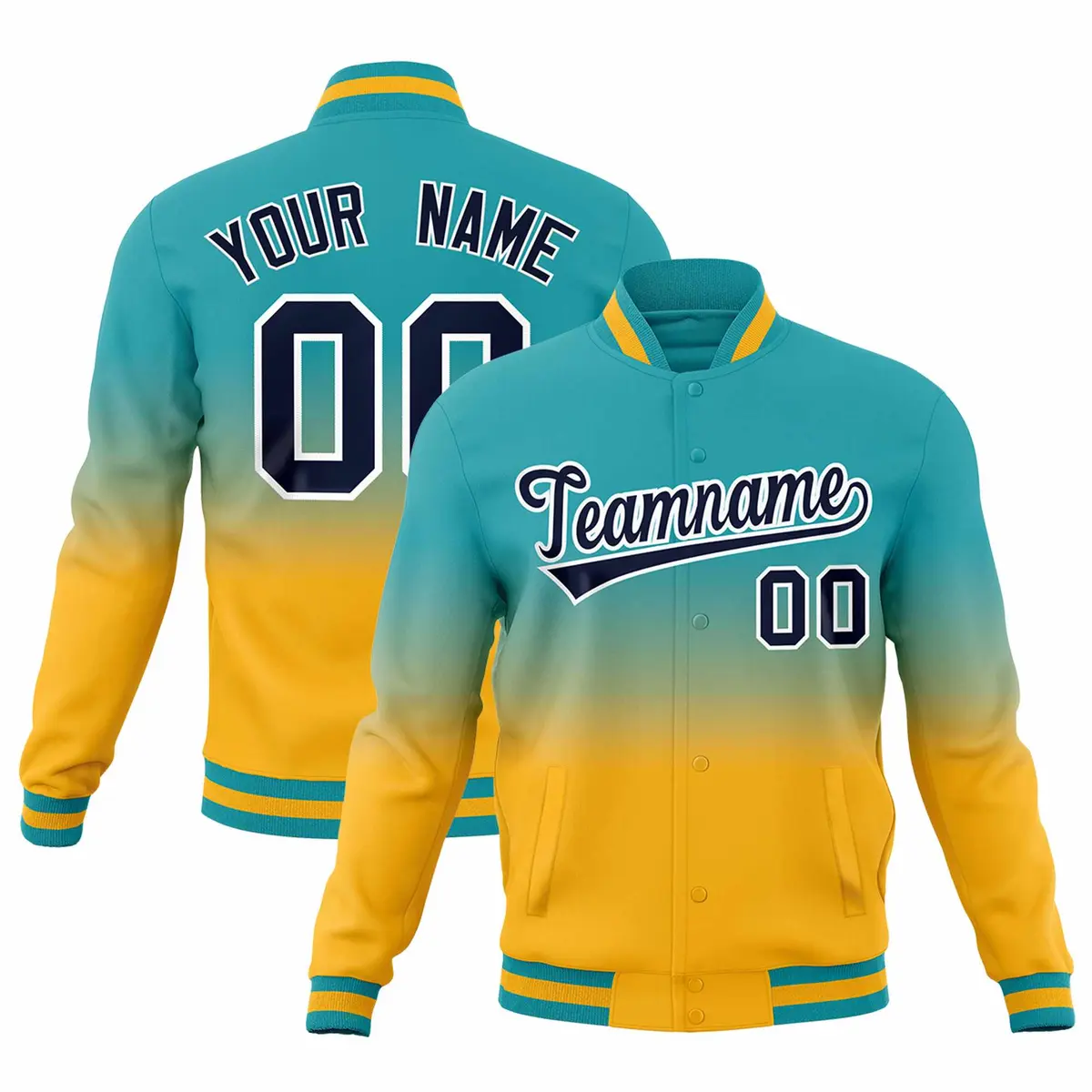 Aqua Gold Full-Snap Varsity Gradient Letterman Jacket