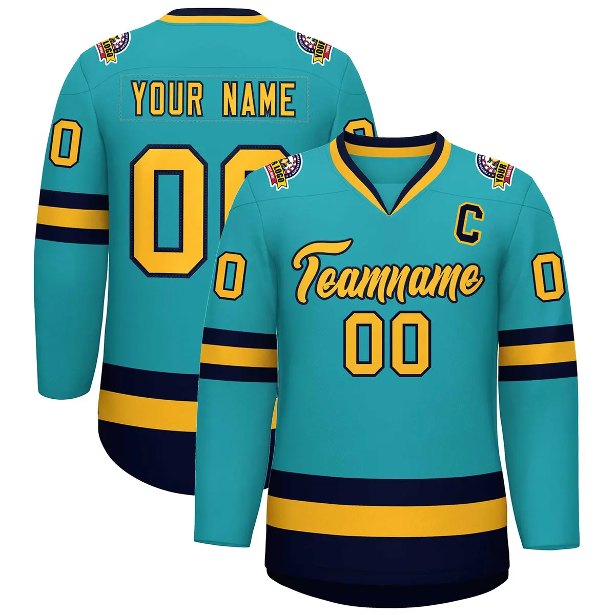 Aqua Gold-Navy Classic Style Hockey Jersey