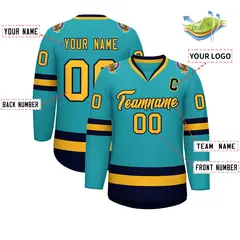 Aqua Gold-Navy Classic Style Hockey Jersey 2
