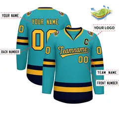 Aqua Gold-Navy Classic Style Hockey Jersey 2