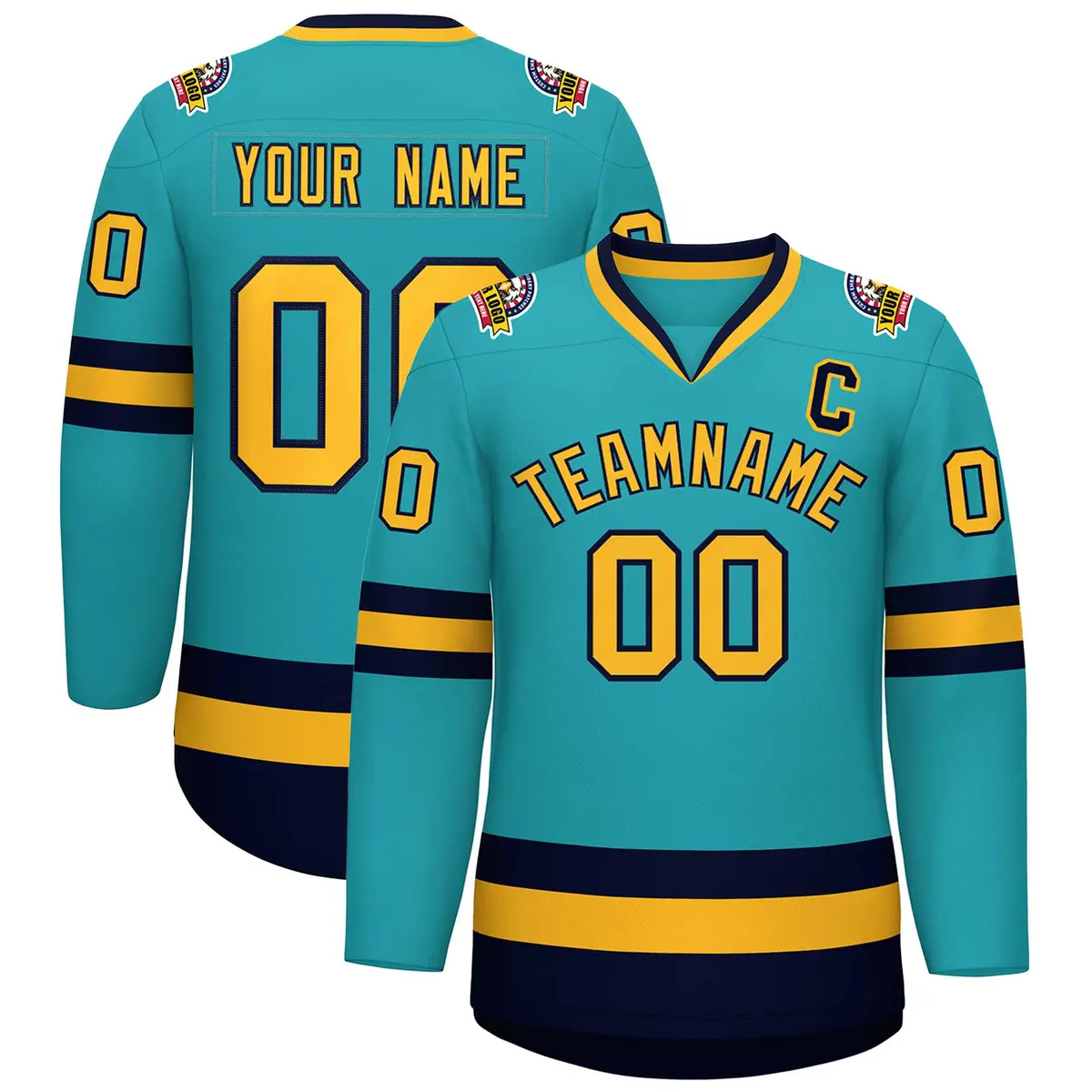 Aqua Gold-Navy Classic Style Hockey Jersey