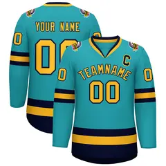 Aqua Gold-Navy Classic Style Hockey Jersey 1