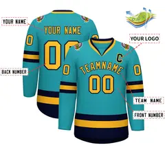 Aqua Gold-Navy Classic Style Hockey Jersey 2