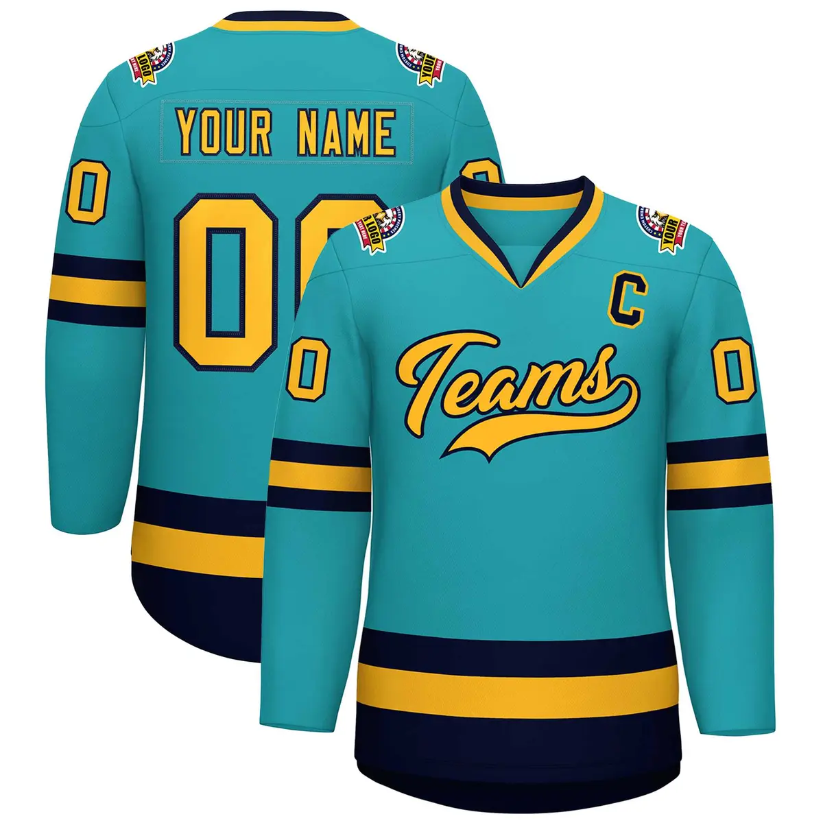 Aqua Gold-Navy Classic Style Hockey Jersey