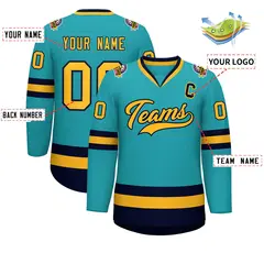 Aqua Gold-Navy Classic Style Hockey Jersey 2