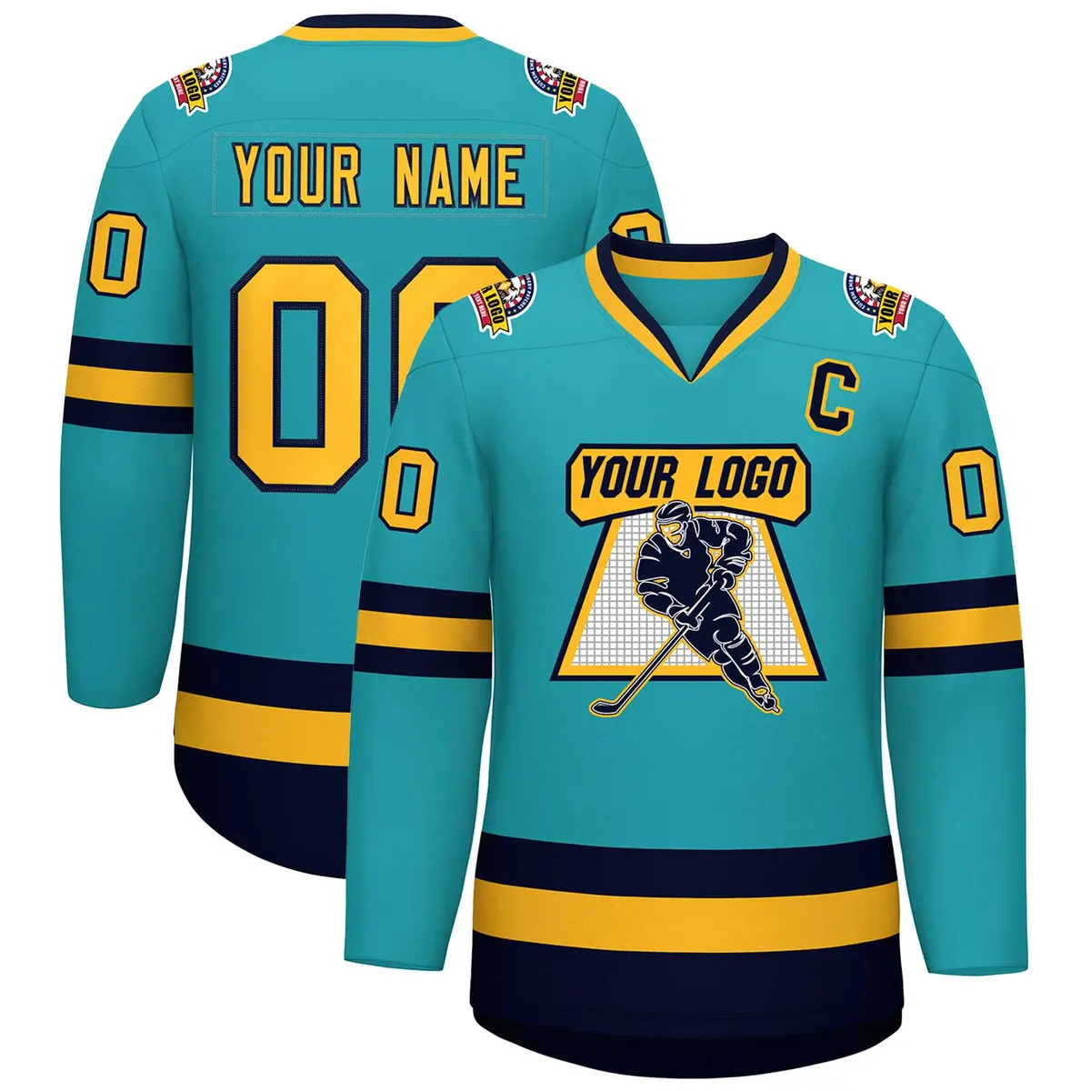 Aqua Gold-Navy Classic Style Hockey Jersey