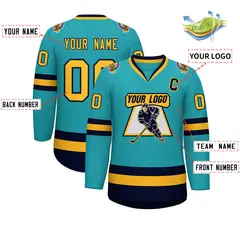 Aqua Gold-Navy Classic Style Hockey Jersey 2